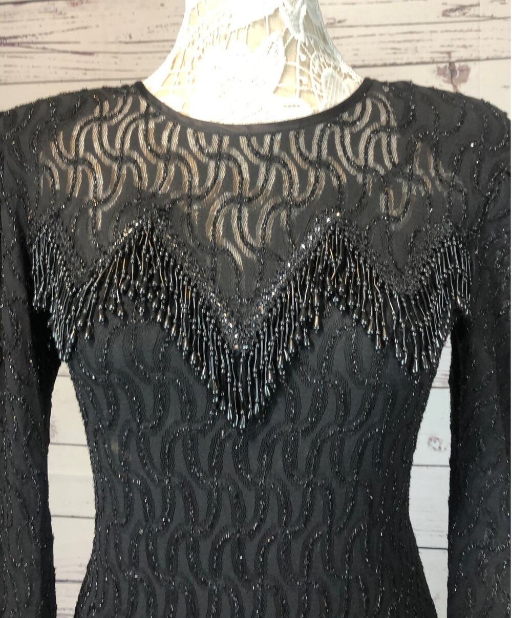1990s Legends Fashion Beaded Fringe Cocktail Dress Black Mesh Wiggle Small